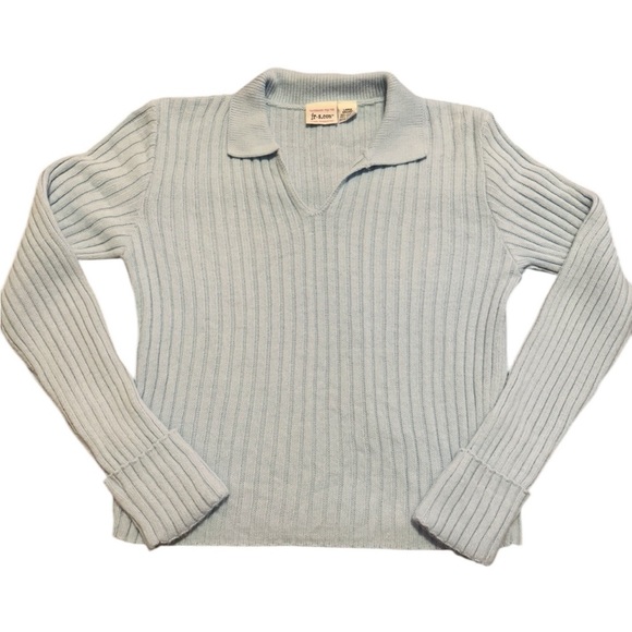Y2K Baby blue collared ribbed sweater cuffed sleeves size large - Picture 1 of 5